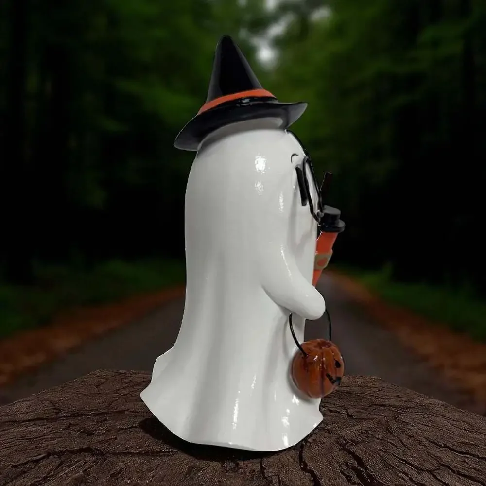 Cute Nerdy Ghost in Witch Hat with Glasses, Pumpkin Latte, and Pumpkin Pale
